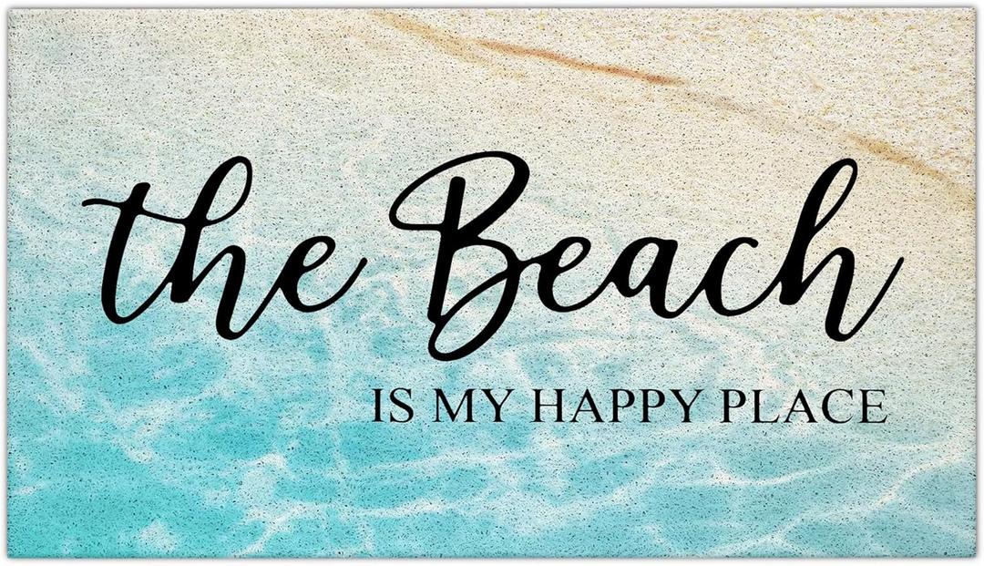 Coastal Beach Door Mat, The Beach is My Happy Place Door Mat Indoor Outdoor Entrance Porch, Ocean Coastal Bath Mats for Bathroom, Beachy Welcome Mats, 17x30 Inches