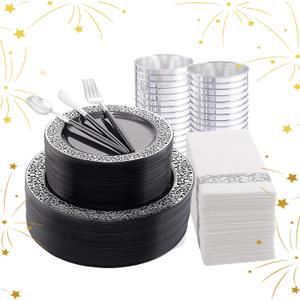 LIYH 350 Pcs Black and Silver Plastic Plates, Silver Plastic Dinnerware Set, Disposable Silverware, Black Plates with Napkins, Halloween Plate Happy New Year Supplies for 50 Guests
