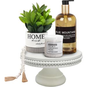 dwellington White Wash Display Wood Riser, 8.25inch Shabby Chic Pedestal Tray Decor with Beads, Farmhouse Display Stands for Coffee Bar, Bathroom, Kitchen Island (White)