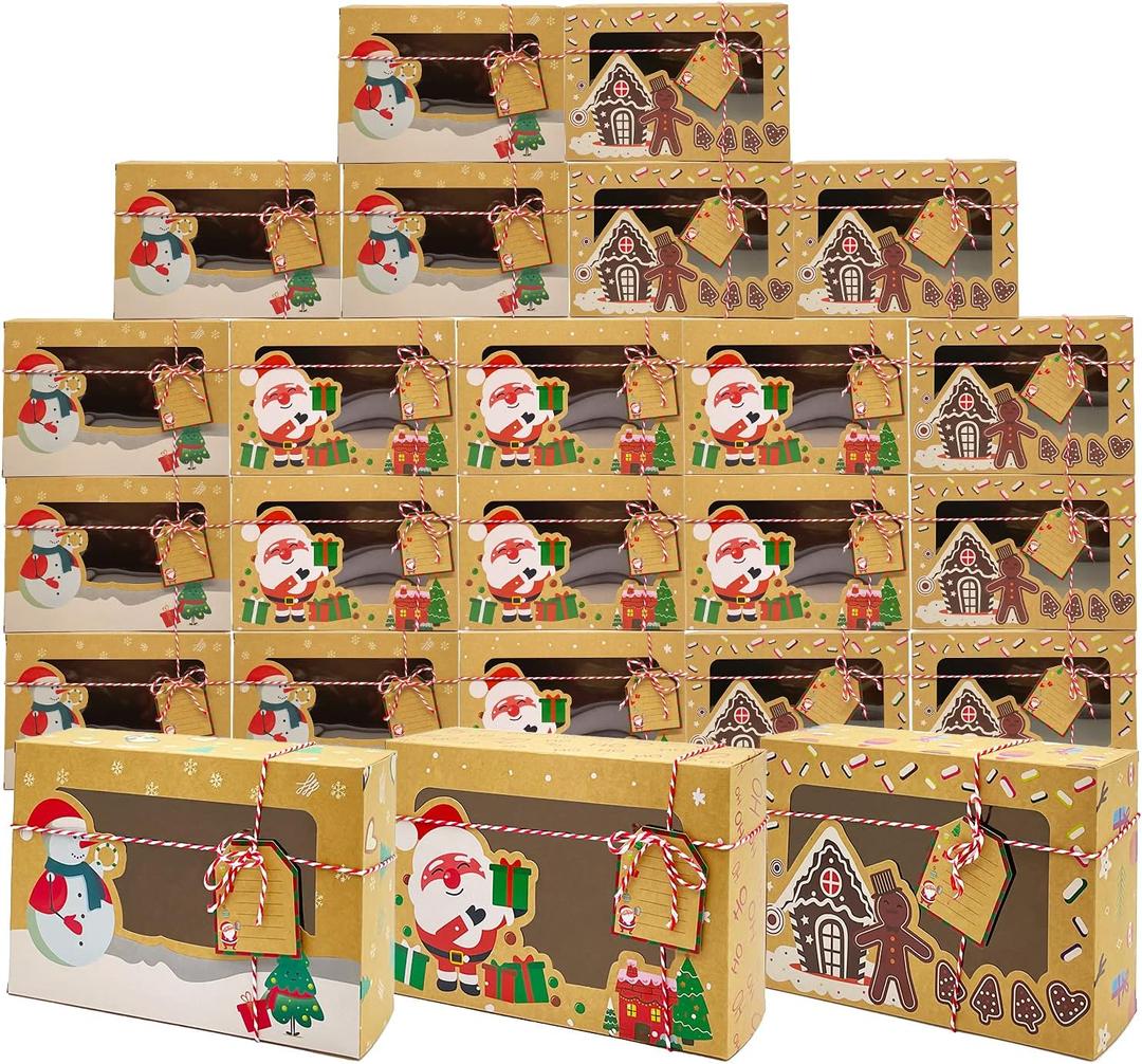 PARSUP 24PCS Christmas Cookie Boxes with PVC Window Kraft Paper Gift Cake Treat Chocolate Cake Boxes with Tags for Holiday Xmas Party Favor Supplies, 3 Styles, 8.7x5.9x2.7inch
