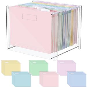 24 Hanging File Folder with Acrylic Organizer for Letter/a4 Size Desktop Clear File Storage Box with Handles for Home Work Office Use(Macaroon,Classic)