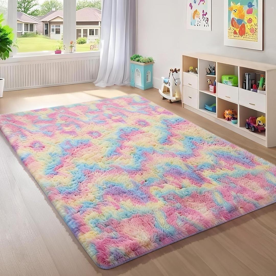 Ophanie Rainbow Colorful Rugs for Living Room 5x8, Unicorn Fluffy Shag Fuzzy Plush Soft Carpets, Floor Shaggy Area Rugs for Bedroom, Carpet for Kids Girls Dorm Nursery Home Decor Aesthetic
