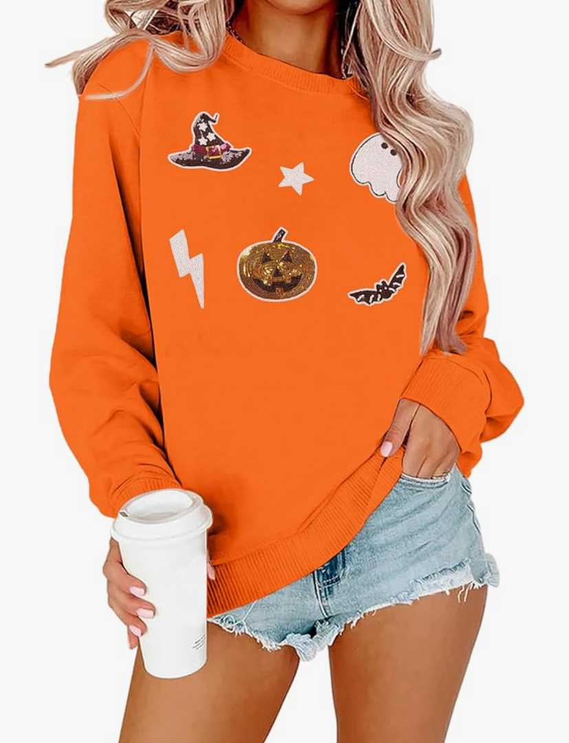 BANGELY Halloween Pumpkin Sweatshirt Women Vintage Ghost Graphic Pullover Tops Funny Spooky Season Long Sleeve Shirt Size 2XL