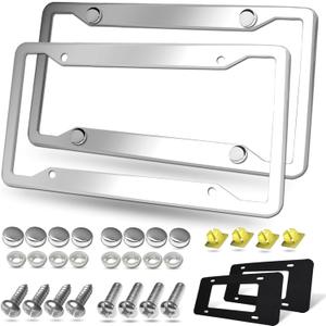BGGTMO Stainless Steel License Plate Frames- 2 Pack Heavy Duty Polished Mirror Car Tag Cover with Chrome Screws Caps, 4 Holes Front & Rear Holders with Fasteners, Inserts, Rust/Rattle Proof Pads