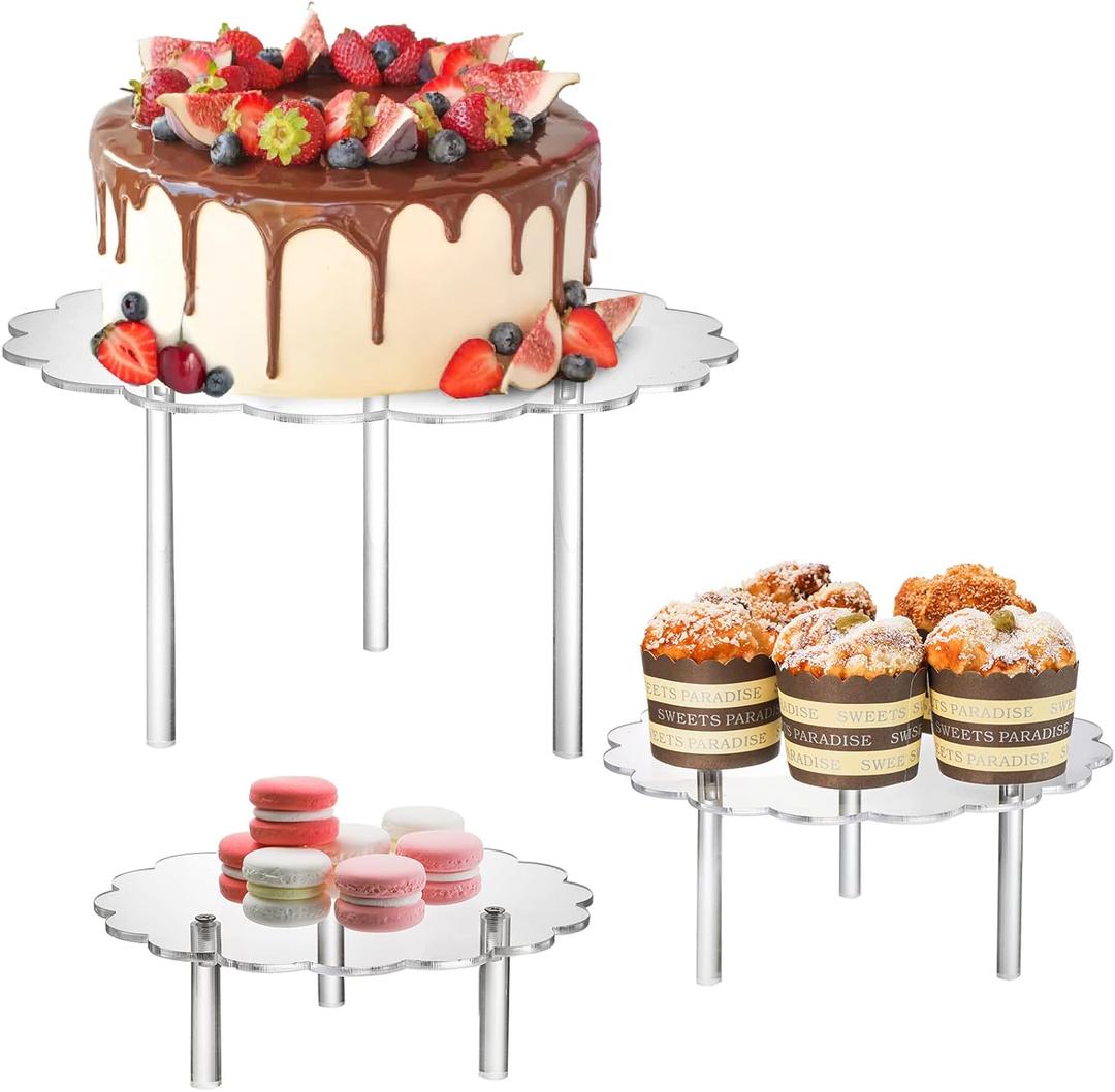 Okllen 3 Pack Clear Acrylic Cake Stands, Cupcake Stand Cake Holder, Countertop Dessert Display Riser for Bakery, Appetizer, Birthday Wedding Party Baby Shower, Flower Shape