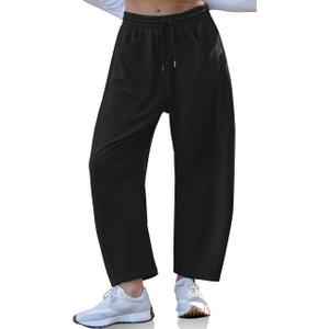 TARSE Womens Barrel Sweatpants Loose Fit Lounge Pants Casual Wide Leg Pants Cotton Comfy Elastic Waist Joggers with Pockets (Medium, Black)