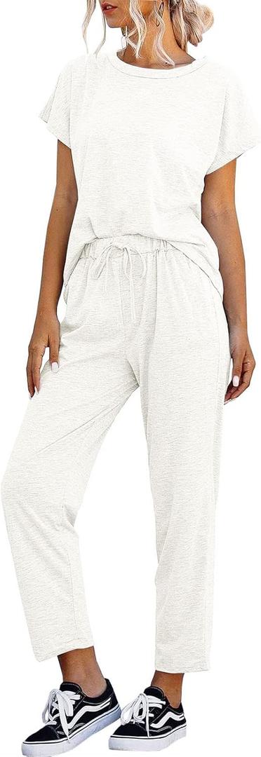 Eurivicy Women's 2 Piece Outfits Sets Casual Short Sleeve Crewneck T-Shirts and Pocketed Jogger Pants Summer Tracksuit Set (Medium)