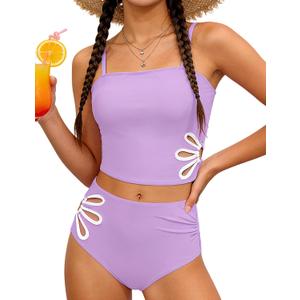 Girls Swimsuit Adjustable Straps Cut Out Swimwear 2 Piece Solid Color Tankini for Girls Bathing Suit 8-10 Y (Purple)