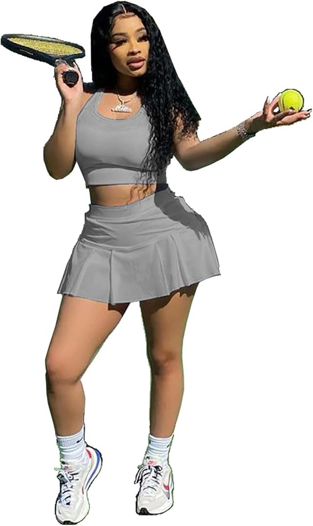 Adogirl Women Tennis Skirt Sets 2 Piece Outfits Casual Tank Crop Top Pleated Mini Dress Golf Athletic Sport Workout Outfits (X-Large, Gray)