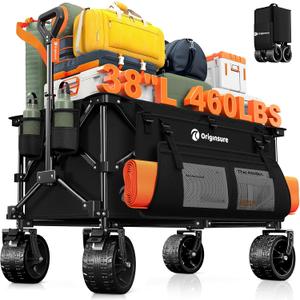 38"L Collapsible Wagon Cart Foldable, 460lbs Weight Capacity 220L Heavy Duty Folding Beach Wagons with Big All-Terrain Wheels, Utility Carts for Groceries, Shopping, Camping, Sports - Black