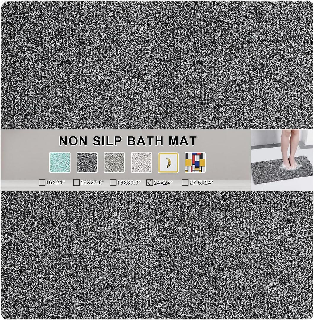 Nonslip Bathtub Mat, Anti Slip Bath Mat 0.6" Extra Thick, Quick Dry Bath Tub Anti Slip Shower Mat, Loofah Non-Slip Bath Mat for Tub Bathroom Pool Kitchen Entryway Home Hotel(Black 24x24)