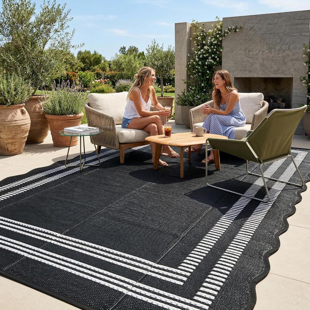 Garvee Waterproof Outdoor Rug 10x14, Scalloped Geometric Foldable Plastic Straw Patio Camping Rug, Outdoor RV Carpet for Deck Camper Porch Balcony Backyard Picnic Beach Black and White