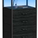 Furnulem Night Stand with Charging Station, Black Nightstand with Drawers and Led Light, Tall Dresser for Bedroom, Bedside Table with Fabric Storage Bins, Metal Frame, Wood Furniture