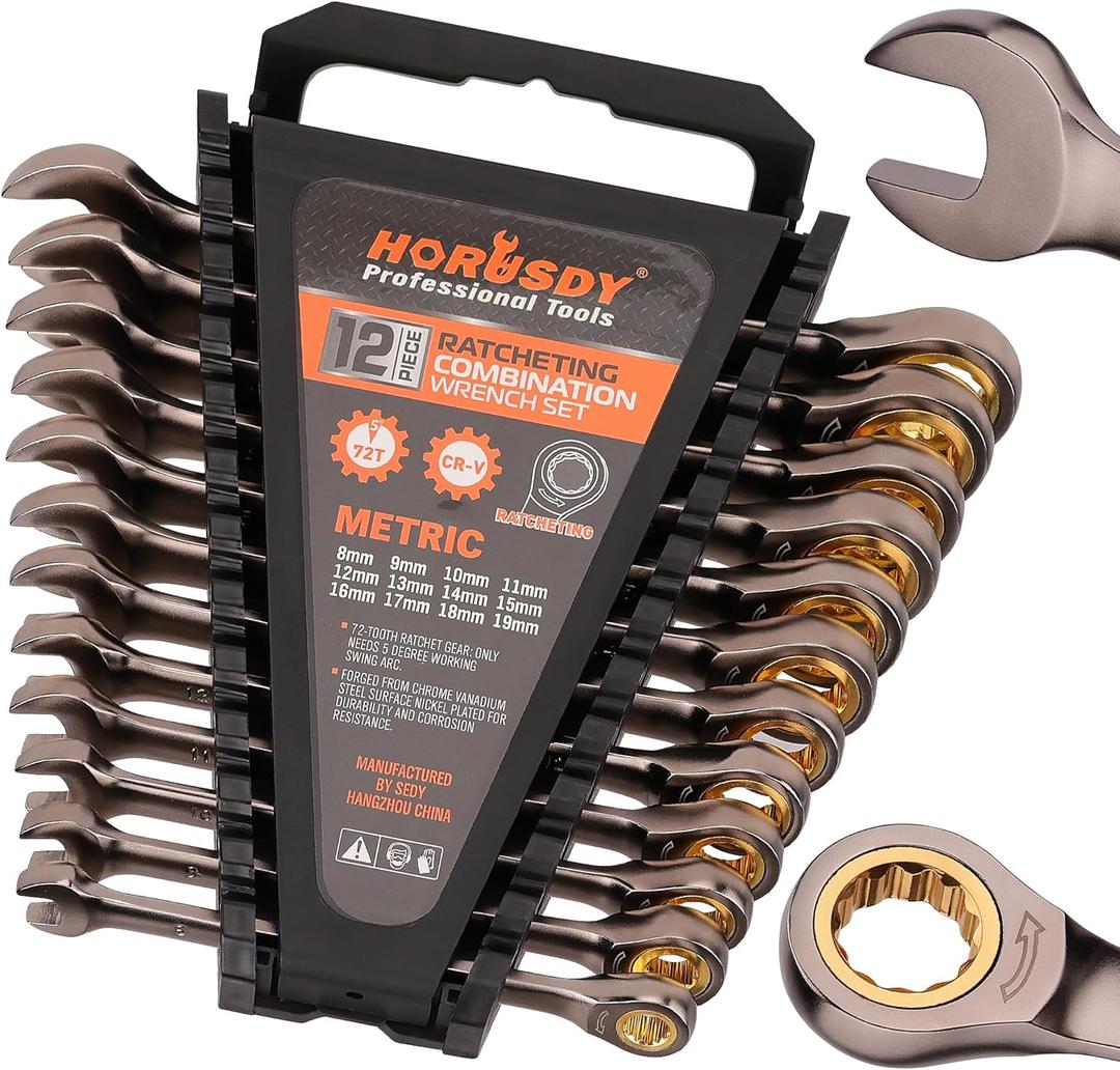 HORUSDY 12-Piece Metric Ratcheting Wrench Set | 8-19 mm | Ratchet Combination Wrenches Set with Organizer | 72-Teeth | Chrome Vanadium Steel