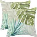 Tropical Pillow Covers 18x18 Set of 2 Summer Blue Green Palm Monstera Leaf Outdoor Decorative Throw Pillows Farmhouse Hawaiian Holiday Pillowcases Linen Cushion Case Decor for Home Sofa Couch Bed