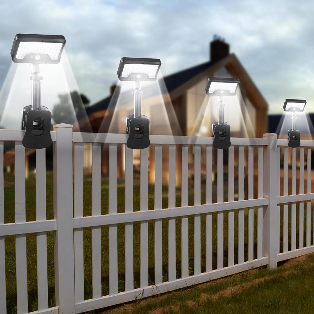Clip On Solar Lights Outdoor with Motion Sensor, 360Rotatable & Vertically Adjustable Solar Fence Lights with 92 LEDs (600 LM, 6000 K),IP65 waterproof Security light for deck, Gutter, Camping(4 Pack)