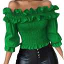 Floerns Women's Ruffle Trim Off Shoulder Flounce Sleeve Shirred Blouse Top (Large, Green)