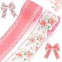 2 Rolls Spring Ribbon Linen Pink Flower Wedding Decor Ribbons Flower Watercolor Floral Wired Pink Ribbons for Spring Party Gift Wrapping Home Decoration Craft Supplies 2.5 Inch x 10 Yards