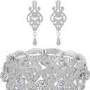 Womens Rhinestone Crystal Wedding Bridal Bridesmaid Tennis Bangles Statement Elastic Stretch Bracelets Rhinestone Chandelier Wedding Bridal Drop Dangle Earrings Jewelry Sets