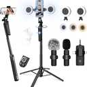 71" Content Creator Essentials Vlogging Kit - 2 Lights & 2 Mics, 360 Rotating Auto Face Tracking Tripod for iPhone/Android/Camera with Wireless Remote, No App for Vlog, Live, Video Record