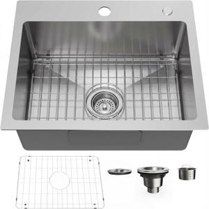 20" x 16" Drop in Kitchen Sink 304 Stainless Steel Single Bowl Topmount Kitchen Sink with Drain Kit and Bottom Grid, Brushed