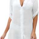 Swimsuit Coverup for Women 2024, V-Neck Beach Button Down Bikini Cover Ups Knee-Above Shirt Tops (Medium, White)