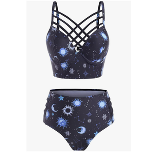 Women's Bikini Summer Bathing Suit Sun Star Moon Lattice High Waisted Tankini Swimsuit L