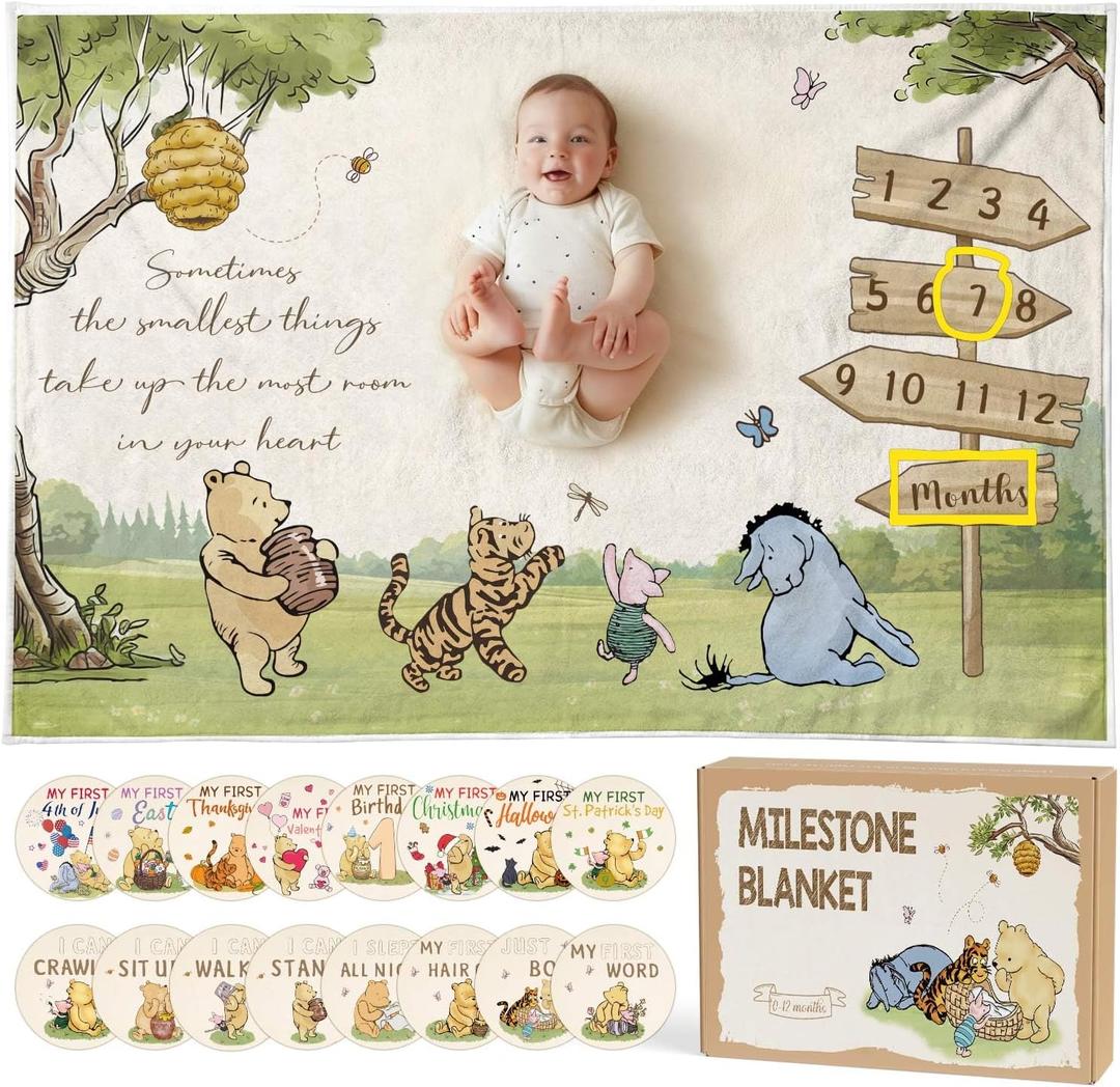 Classic Winnie Bear Baby Monthly Milestone Blanket, Neutral Vintage Bear Quotes Soft Flannel Milestone Blanket with Gift Box Holiday Signs Felt Marker for Winnie Nursery Decor Baby Stuff 59 x 39Inch