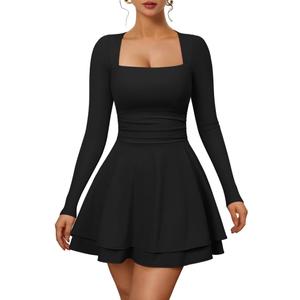 XXTAXN Womens Sexy Long Sleeve Square Neck Flowy Hem Ruched High Waist Party Mini Dress with Side Pocket (Medium, Black)