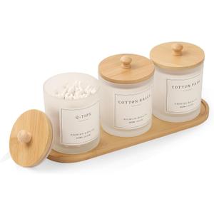 3 Pack Qtip Holder - Bathroom Organizers and Storage, Cotton Round Holder Cotton Swab Dispenser Cotton Ball Holder with Tray, Glass Apothecary Jars with Lids, Bathroom Containers for Floss Pick