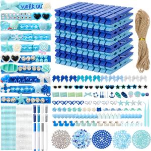 Suncalla 752 pcs Cheer Pins Spirit Clips 100 Colored Wooden Clothes Pins 136 Mini Resin Flower Animal Mini Bow 500 Bead Pearl 2 Stickers 4 Pen for Backpack Graduation Summer Team Gift(Blue,Ocean)