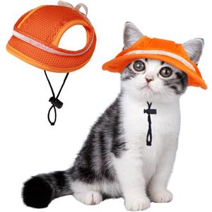 PUMYPOREITY Pet Hat with Ear Holes, Adjustable String Cat Hats, Breathable Hats for Dogs Sun Protection, Cat Birthday Hat, Pet Costume Decoration for Cats and Dogs, Orange, L