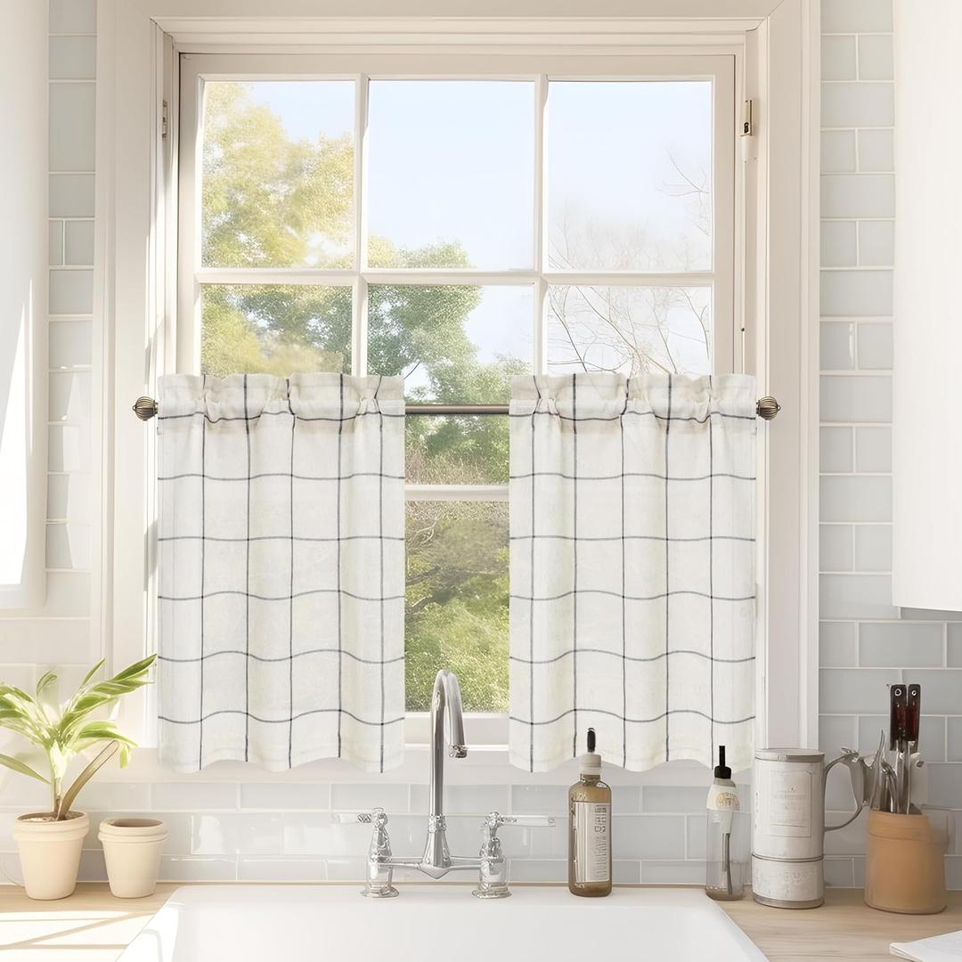 DriftAway Kitchen Curtains Striped Tier Linen Short Curtains Windowpane Plaid Cafe 24 Inch Length for Living Room Bathroom Chris Farmhouse Rustic Rod Pocket 2 Panels Black
