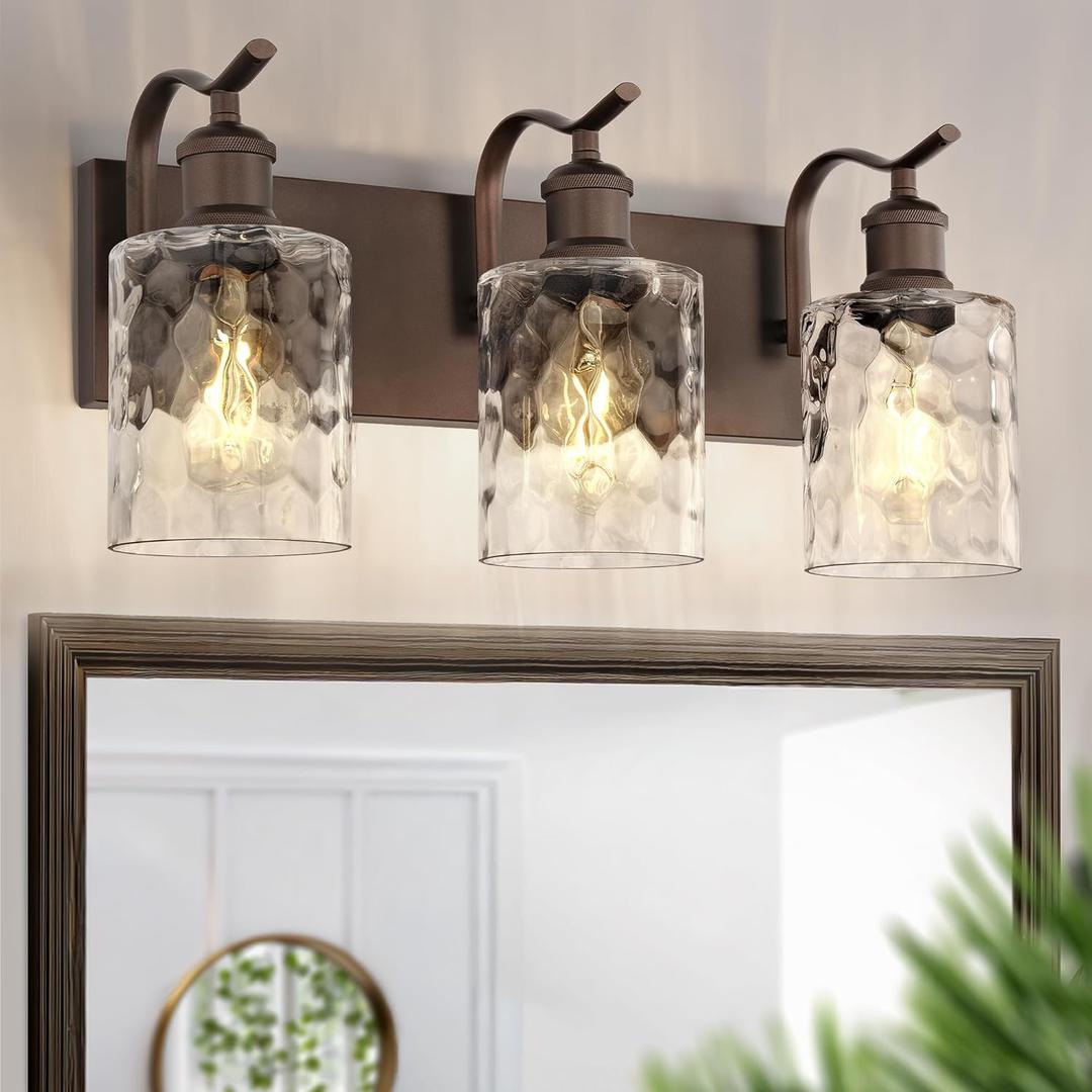 Bathroom Vanity Light Fixtures Over Mirror 3-Light Hammered Glass Wall Mounted Modern Oil Rubbed Bronze - VL01ORBH-3