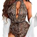 Avidlove Lingerie for Women Halter Lace Bodysuit V Neck Teddy One Piece Babydoll Nightgown (Medium, Black Skin)