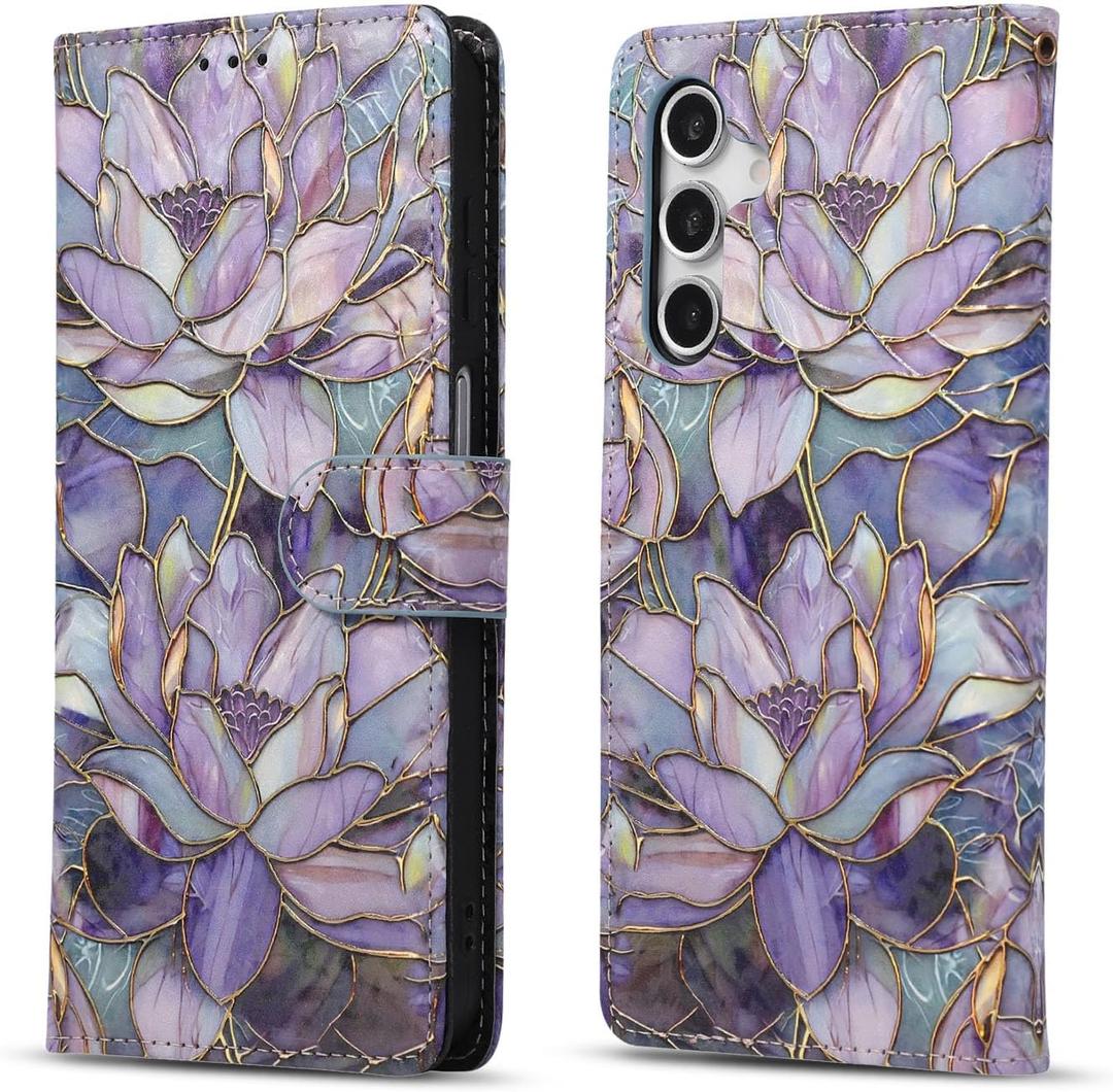QLTYPRI for Samsung Galaxy A57 5G Wallet Case, Premium Leather Magnetic UV-Printed Artwork Flip Case with RFID Blocking Card Slots Kickstand Protective Phone Cover for Women Girls - Purple Lotus