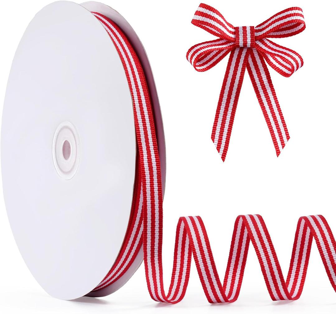Red and White Striped Grosgrain Ribbon, 3/8" x 50 yds, Double Sided Patriotic Ribbon for American Crafts, Cheerleading Decorations, Independence Day, Christmas Decorations, Valentines Day