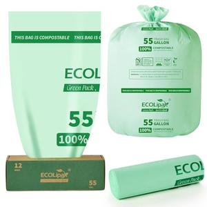ECOLipak 55 Gallon Compostable Trash Bags, 12 Count Heavy Duty Extra Thick 1.57 Mil, 208.2 Liter Large Garbage Bags for Commercial/Lawn/Yard/Restaurant, US BPI ASTM D6400 and OK Compost Home Certified