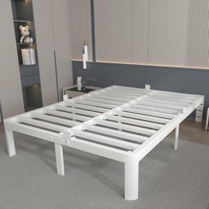 12 Inch White Full Size Bed Frame with Baffles, Metal Full Bed Frame No Box Spring Need, Heavy Duty Steel Platform Support, Reserved Holes, Round Corner Legs, Storage Space, Noiseless