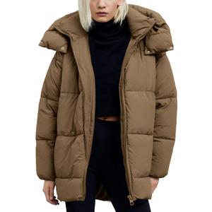 Flygo Womens Hooded Quilted Puffer Jacket Mid-Length Padded Warm Winter Heavyweight Coat Outerwear (Small, Khaki)