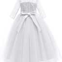 Girls Flower Vintage Floral Lace 3/4 Sleeves Floor Length Dress Wedding Party Evening Formal Pegeant Dance Gown (White), Size 170