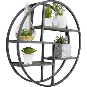 Admired By Nature, 18" Mounted Iron Circle Hanging Storage Shelving Floating Shelf 4 Tier Floating Circular Wall Decor Round Decorative Hanging Shelves, Sphere Shape Wall Shelf For Home, Black, 1 unit (Brown Wooden Round Small)