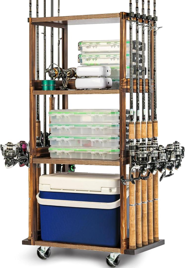 Ghosthorn Fishing Rod Holders for Garage Holds up 10 Rods Wood Pole Rod Rack Tackle Storage Gear and Equipment Fishing Gifts for Men Women (fishing rod holders 4.0)