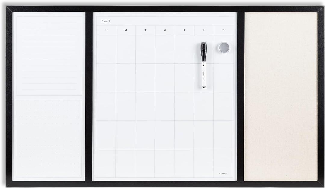 U Brands Black Frame Command Center White Board with List, 20" x 35" Inches, Office Supplies, Includes Calendar and Linen Section