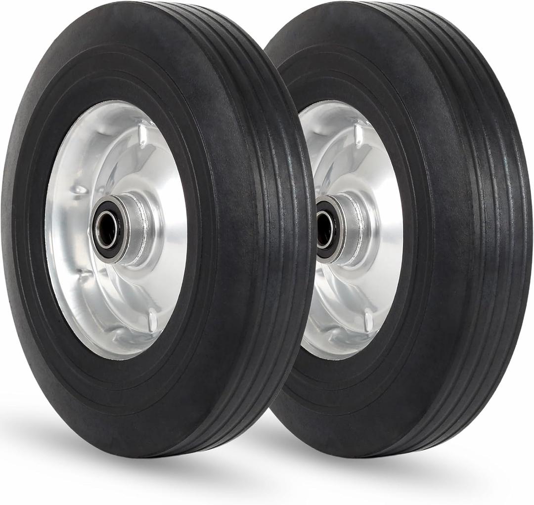 GICOOL 10" x 2.5" Flat Free Solid Rubber Tire with 5/8" Axle Bore Hole, 2 1/4" Hub, Replacement 4.10/3.50-4" for Hand Truck Dolly Trolley Garden Wagon Cart Generator, 2 Pack