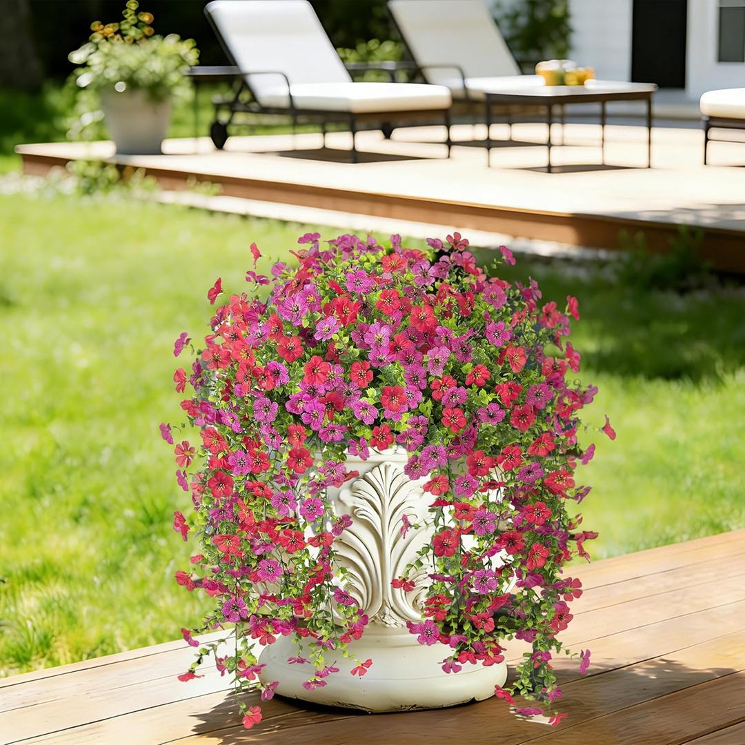 Senjie Artificial Hanging Flowers for Outdoor Spring Decor, 2 pcs UV Resistant Fake Silk Faux Flowers Plants for Outside Porch Patio Balcony Planters Vine Light Purple Red, 2