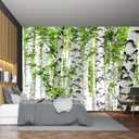 Cliouar-Photo Wallpaper Birch Forest Landscape Trees Poster Nature Lovers Green Forest Bedroom Decoration Mural 158"x110"(Not Peel and Stick)