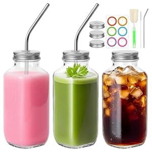 16 oz Glass Bottles for Juicing - 3 Pack Glass Juice Bottles with Lids and Stainless Straws - Reusable Juicing Bottle, Square Airtight Containers for Drinks, Travel, Storage