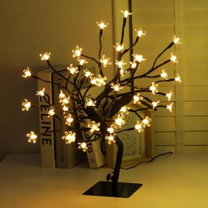 LightsUp Cherry Blossom Tree Lights, 16.2" H Artificial Bonsai Tree with 48 Warm White LED, Prelit Cherry Blossom Lamp for Christmas Home Tabletop Bedroom Living Room Decoration