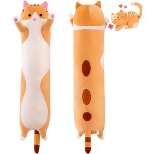 Long Yellow Cat Plush Pillow Toy Sleeping Pillow Cute Cartoon Cat Stuffed Animals Soft Long Body Pillow Gift for Kids (27.55in)